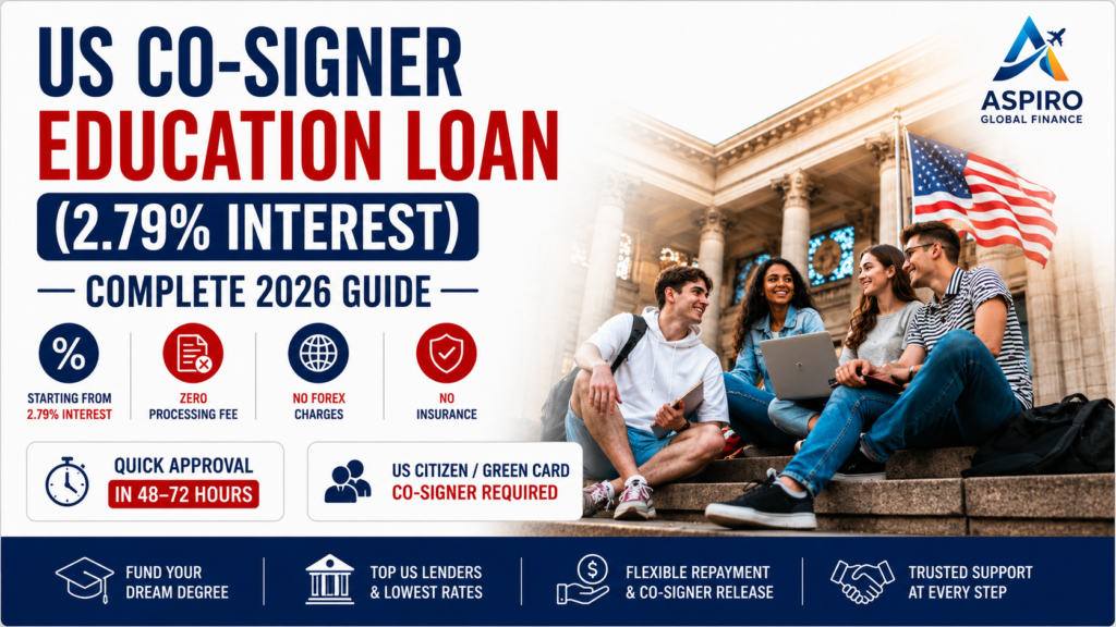 US Co-Signer Education Loan guide for Indian students studying in the USA with interest rates starting from 2.79 percent and US citizen co-signer requirements