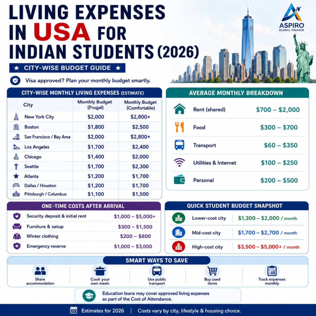 Living expenses in USA for Indian students with monthly city-wise cost comparison
